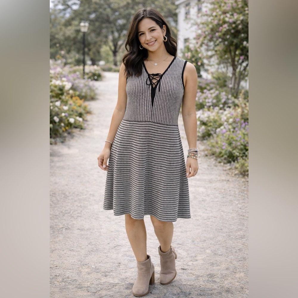 Gibson Latimer Black and White Striped Knit‎ Lace-Up Midi Dress
